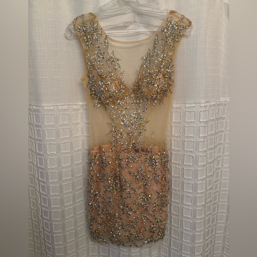 Jovani Swarovski Crystal Elegant Embellished Sheer Cocktail Dress